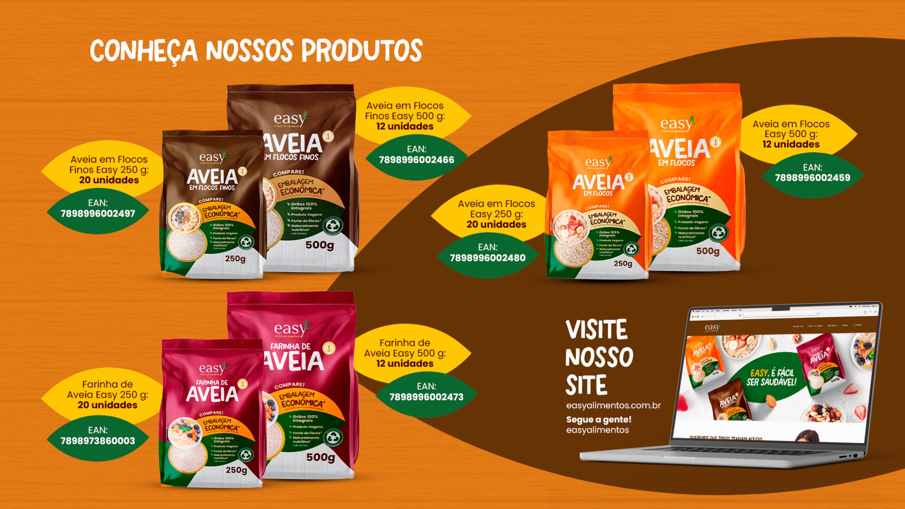 Linha de produtos Easy: aveia em flocos finos, aveia em flocos e farinha de aveia